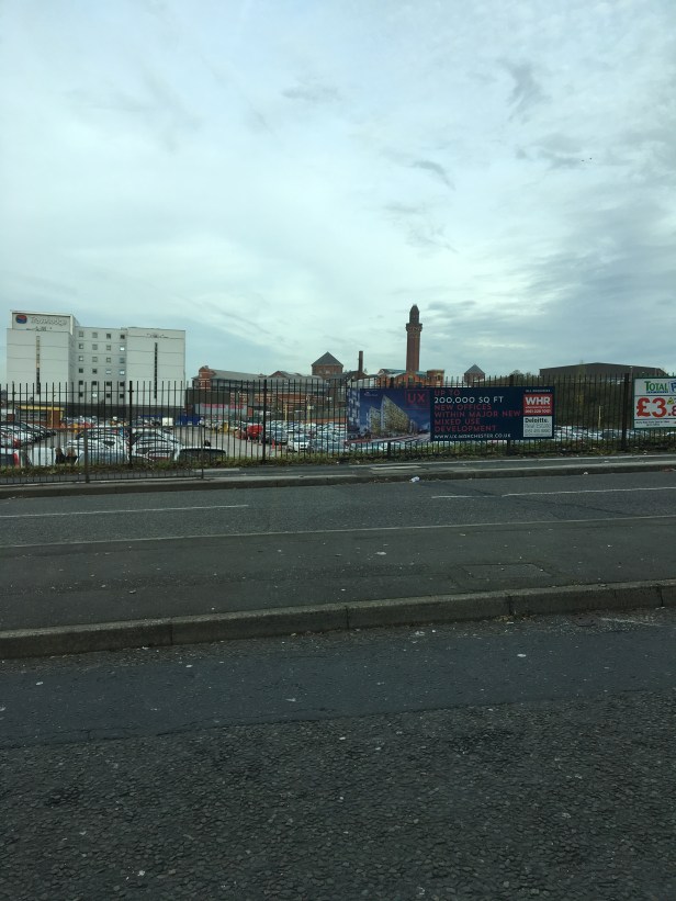 Tower of HM Prison Manchester in the distance, 30 October 2017